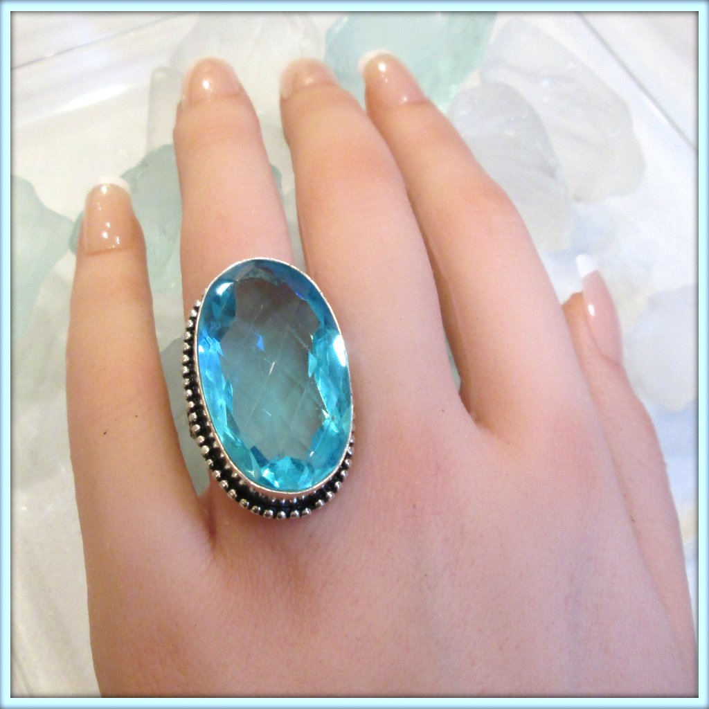 Aquamarine Oval Cut Gemstone Hand Crafted Unique 925 Silver Ladies Ring Size 7.5